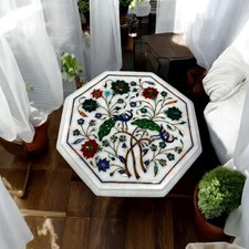 Tavolino da caffè 15" ottagonale pietra marmo bianco design uccellino intarsio arte semiprezioso