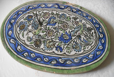 antica piastrella piatto ovale maiolica smaltata arte pezzo unico fiori, uccelli