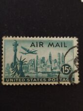 15¢ Air Mail US Postage Stamp | New York Skyline | Traveled | Variety