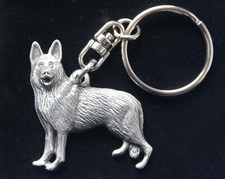 German Shepherd Dog Pewter Keyring & Gift Pouch, alsatian belgian silver metal