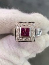 18k Oro Bianco Originale Diamanti Rosso Rubino Halo Design Princess Misura 7