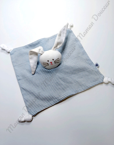 Doudou carré lapin blanc bleu - doudou,