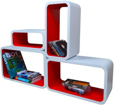 Mensola Da Muro Libreria Scaffale Vari Colori Retrò Cubi Moderno LO01 (Bianco/Ro