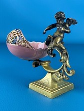 Antica Statua Decorativa Putto Angelo In Bronzo Con Vaso Ceramica Inizio XX Sec.