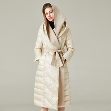 Piumino lungo d'anatra bianco autunno e inverno, cappotto donna spesso con cappuccio