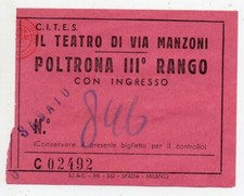 BIGLIETTO TEATRO DI VIA MANZONI - Milano - POLTRONA III° RANGO - Primi Anni '50