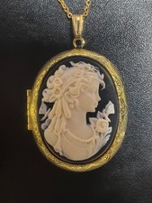 Collana medaglione ritratto nero cammeo ciondolo ovale tono oro foto medaglione 24''