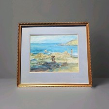 Pittura Antica Olio Paesaggio Marino Bordo Di Mare Plage Quadro Cornice Firmato