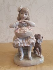 Vintage Retired Lladro Figurine Girl With Basket Of Flowers And Dog