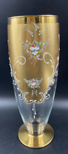 Vaso Soprammobile Murano vetro trasparente fiori smalto rilievo oro