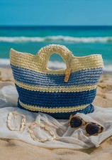 BORSA MARE DONNA SPIAGGIA IN PAGLIA COLORE AZZURRO BIANCO BLU 