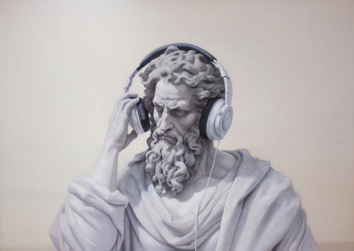 Statua classica con cuffie