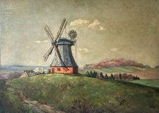 Quadro a Olio Paesaggio Con Mulino Vento Eulenkrug Meclemburgo Richard Zscheked