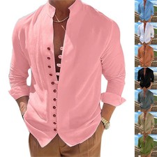 Camicia di lino uomo manica lunga leggera casual Henley shirt con collo alto