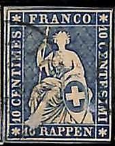 94991dE - SVIZZERA - FRANCOBOLLO - Zumstein # 23 filo verde / carta spessa USATO