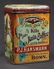 Vecchia scatola di latta molto rara Java Caffee Bonn Hansmann Grottesk nano drago nano