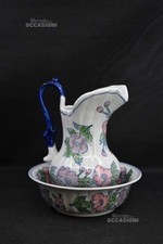 Brocca In Ceramica + Piatto Dipinto A Fiori Rosa