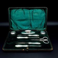 Antico set manicure manico argento 1908 BHM argento R.U & Co & W.G.K maker & Box