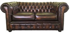 Divano Chesterfield 100% Vera Pelle a Due Posti Marrone Antico