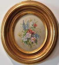 Quadro, Olio su legno, fiori, cornice ovale dorata.