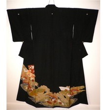 Fab Vintage Giapponese Nero Tomesode Finta Seta Kimono, Fagiano, Ricamo Onde