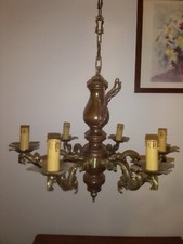 Lampadario vintage in legno massiccio e ottone antico classico rustico 6 candele