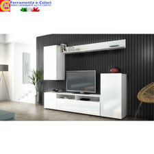 Parete Attrezzata Bianca Bianco Lucido Moderna Mobile TV Sala Pranzo Soggiorno