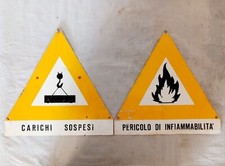 Coppia di Vecchi Cartelli  Cantiere Carichi Sospesi  Pericolo di Infiammabilita