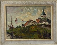 Impressionista Quadro a Olio Willy Cacciatore (1912 - 1981) Segler Casa Chiesa