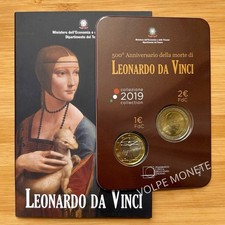 DITTICO ITALIA 2019 2 EURO LEONARDO DA VINCI + 1 EURO FDC SUBITO DISPONIBILE 