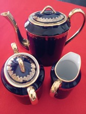 PORCELLANA  LIMOGES Bleu De SEVRES Oro CAFFETTIERA BRICCO Latte & Zuccheriera 