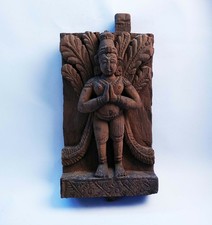 Antico pannello statua carro dio tempio indù in legno intagliato a mano P/7