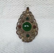 Antico ciondolo bulgaro folk balcanico pietra verde lega argento filigrana