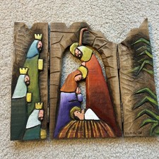 Set presepe vintage dipinto a mano trittico legno intagliato astuccio religioso Natale 