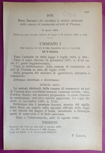 Vicenza 1892 regio decreto - decreto, x