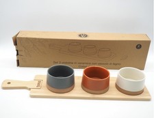set 3 ciotoline in ceramica con vassoio in legno