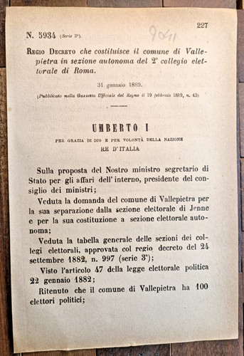 Vallepietra anno 1889 - anno,