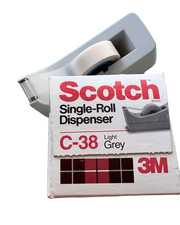 Dispenser nastro monorotolo vintage Scotch GRIGIO CHIARO C-38 scatola aperta + 2 rotoli magici