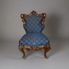 2 Poltrona Barocca in Legno Dorato Rivestimento in Seta Blu e Motivi Floreali