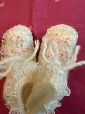 Scarpine Neonato Lana  Fatte A Mano Ricami Fiorellini Hand Made In Italy 9 Cm