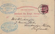 1897 NORVEGIA, Cartolina con francobollo blu della barca a motore 'Kong Harald'