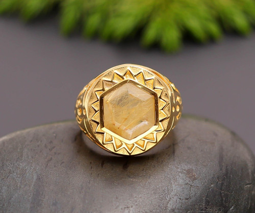 Anello esagono rutilo - , oro
