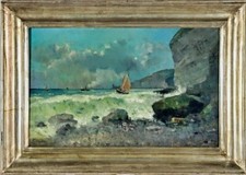 Lodovico CAVALERI - (1867-1942) - Mareggiata con barche - Olio su tela