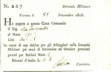 1808 VERONA MALMIGNATI paga affitto Locanda Militare per due soldati Ricevuta