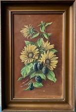 Dipinto A Olio Natura Morta Con Girasoli E Prugne Raccolto Estivo Firmato