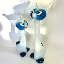RARA coppia gatti collo lungo Murano anni 50 Barovier Toso opailne e blu soffiati a mano