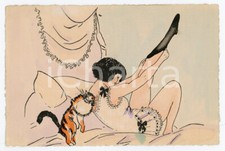 1930ca VINTAGE EROTIC Lady in lingerie wearing stockings with cat - Hand-painted