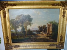 DIPINTO OLIO TELA AMBITO NAPOLETANO-PAESAGGIO CON FONTANA-1800-CORNICE D'EPOCA.