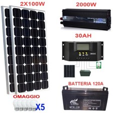 Kit Fotovoltaico 2 KW Pwm Inverter 2000W Pannello Solare 200W Batteria 120 Amp