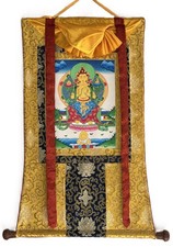MAITREYA FUTURO BUDDHA TIBETANO THANGKA ART DIPINTO A MANO CON BROCCATO DI SETA NEPAL